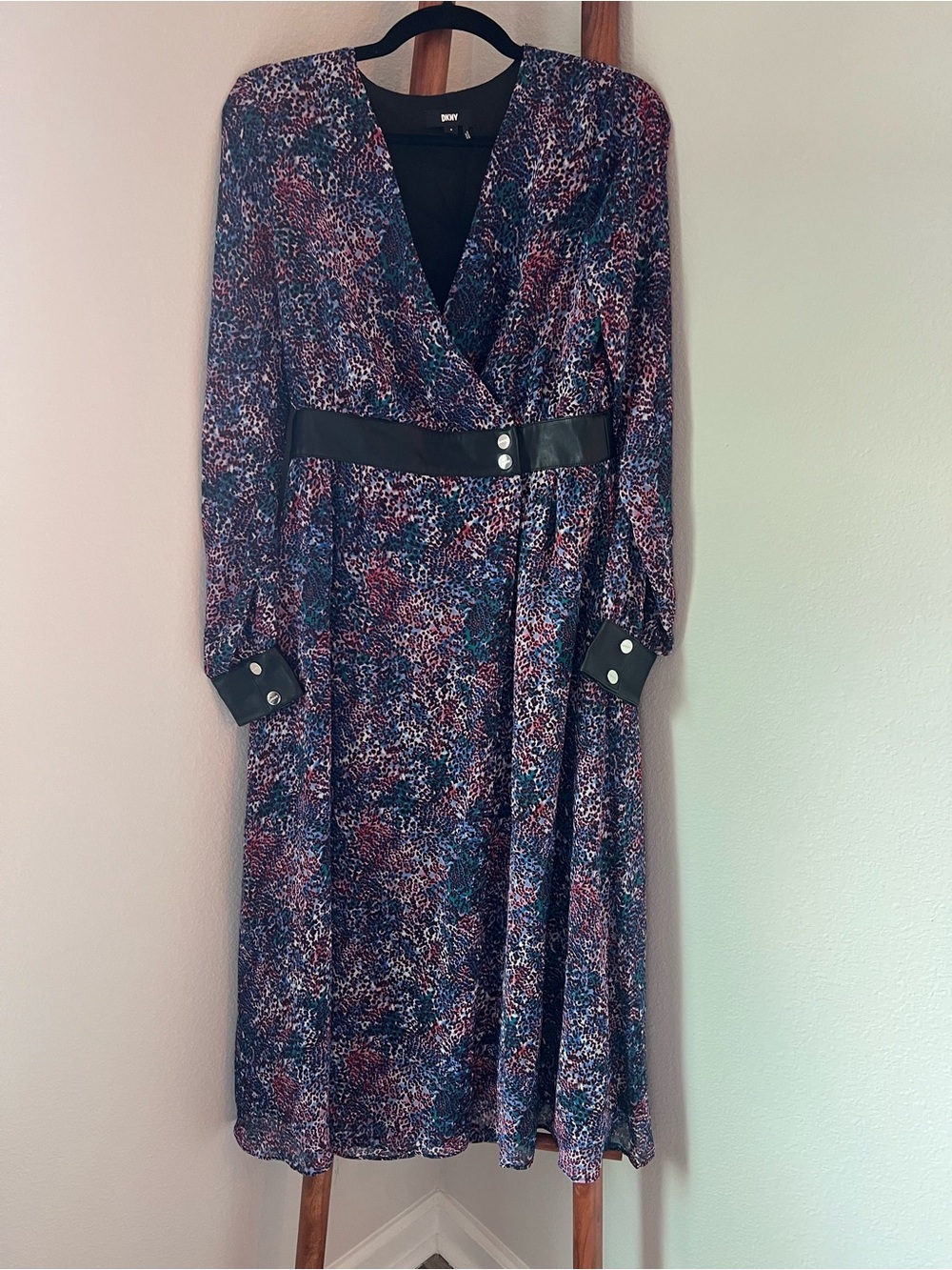 DKNY Multicolor Printed Long Sleeve Wrap Dress - Navy/Purple